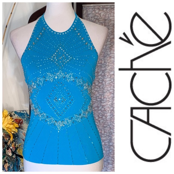 Cache Tops - Cache blue halter tee top with beads and sequins.